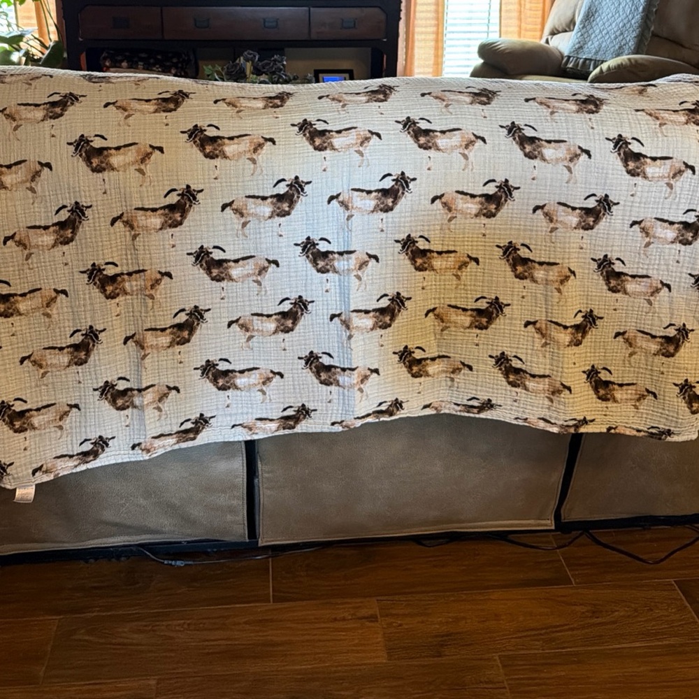 Milkbarn Blue, Cream and Brown Goat Print Baby Muslin Blanket